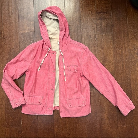 J. Jill Pink Hooded 100% Cotton Chambray Jacket, Size Small - Picture 1 of 15